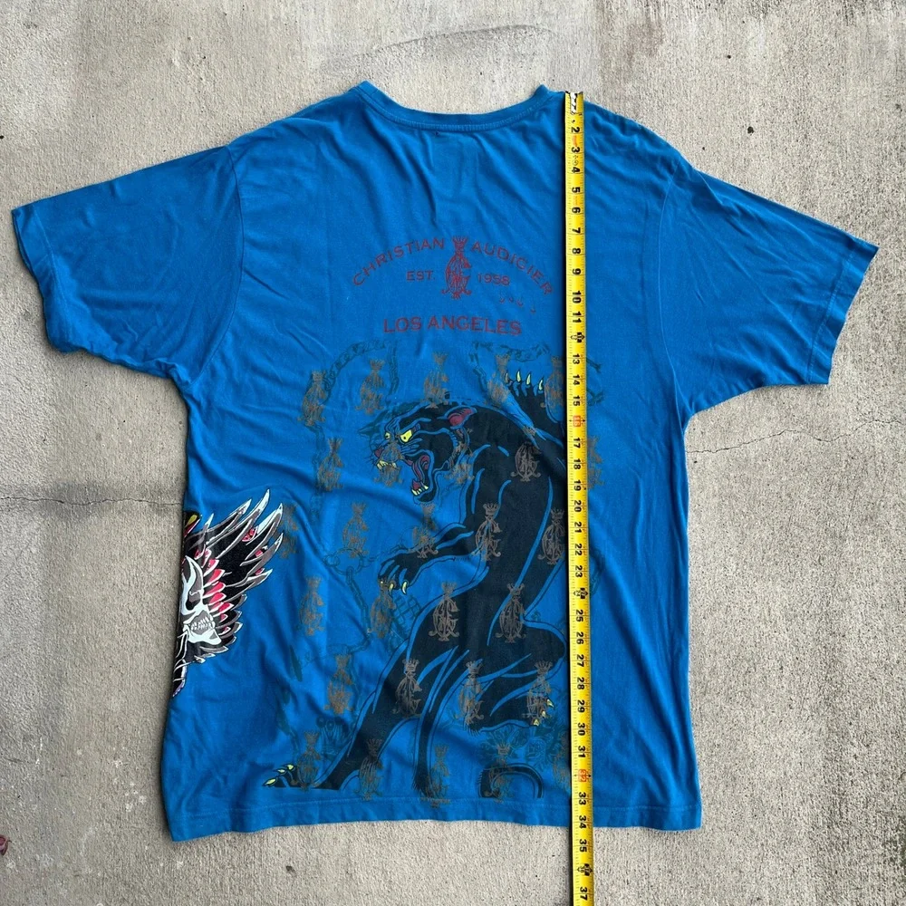 Christian Audigier Mens Blue Panther‎ Tattoo Graphic T Shirt 3XL